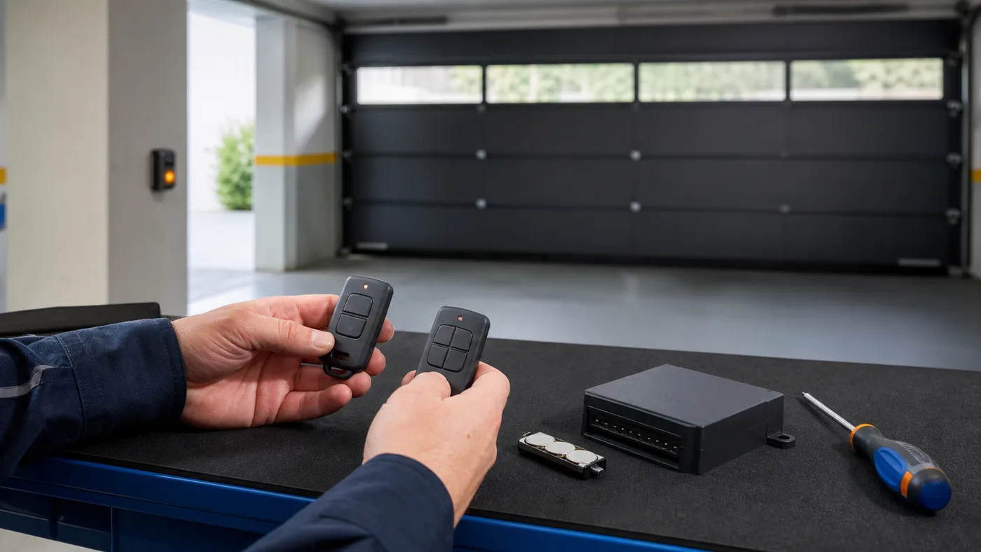 Servicetechniker vergleicht generische Handsender und Batterien vor Garagentor in Wien Niederoesterreich ohne Logos