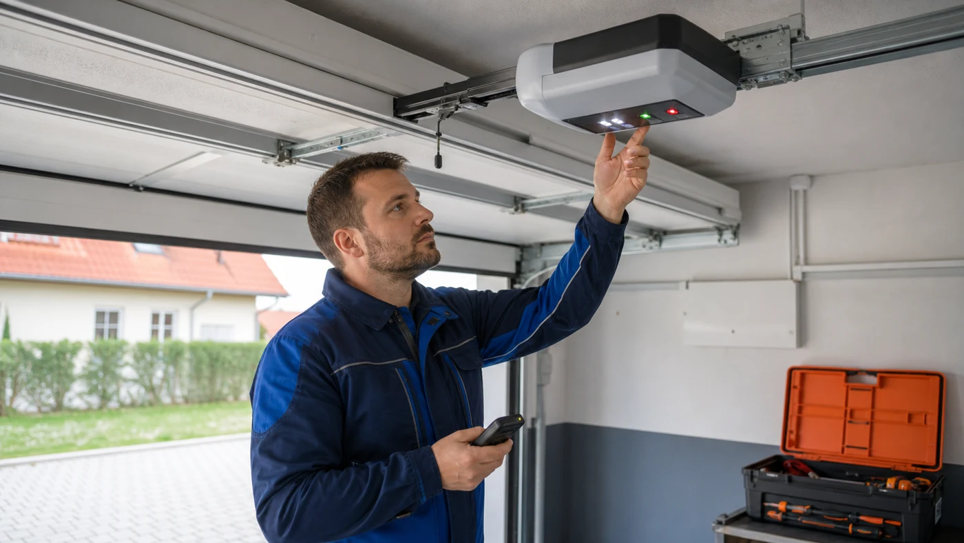 Servicetechniker prueft in einer Garage in Wien Niederoesterreich die LED-Anzeigen eines modernen Garagentorantriebs und haelt einen Handsender in der Hand, realistische Servicefotografie ohne Logos