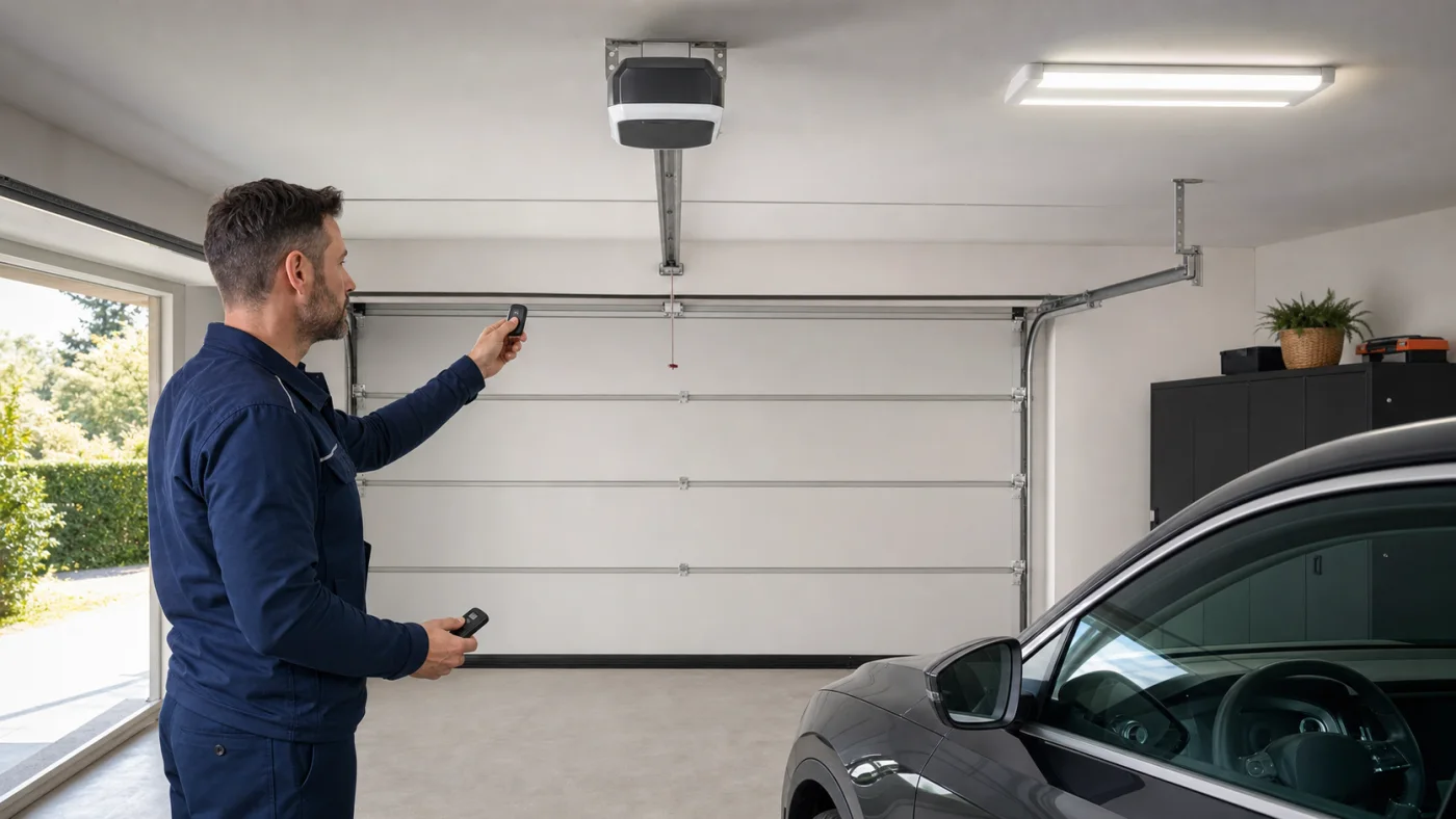 Techniker prüft mit einem neutralen Handsender die Funkreichweite neben Garagentorantrieb und LED-Leuchte in einer Garage