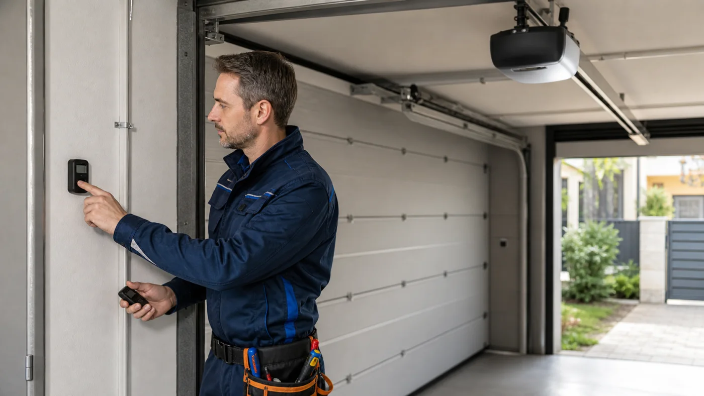Servicetechniker prueft Wandtaster und Handsender eines Garagentorantriebs in Wien Niederoesterreich ohne Logos