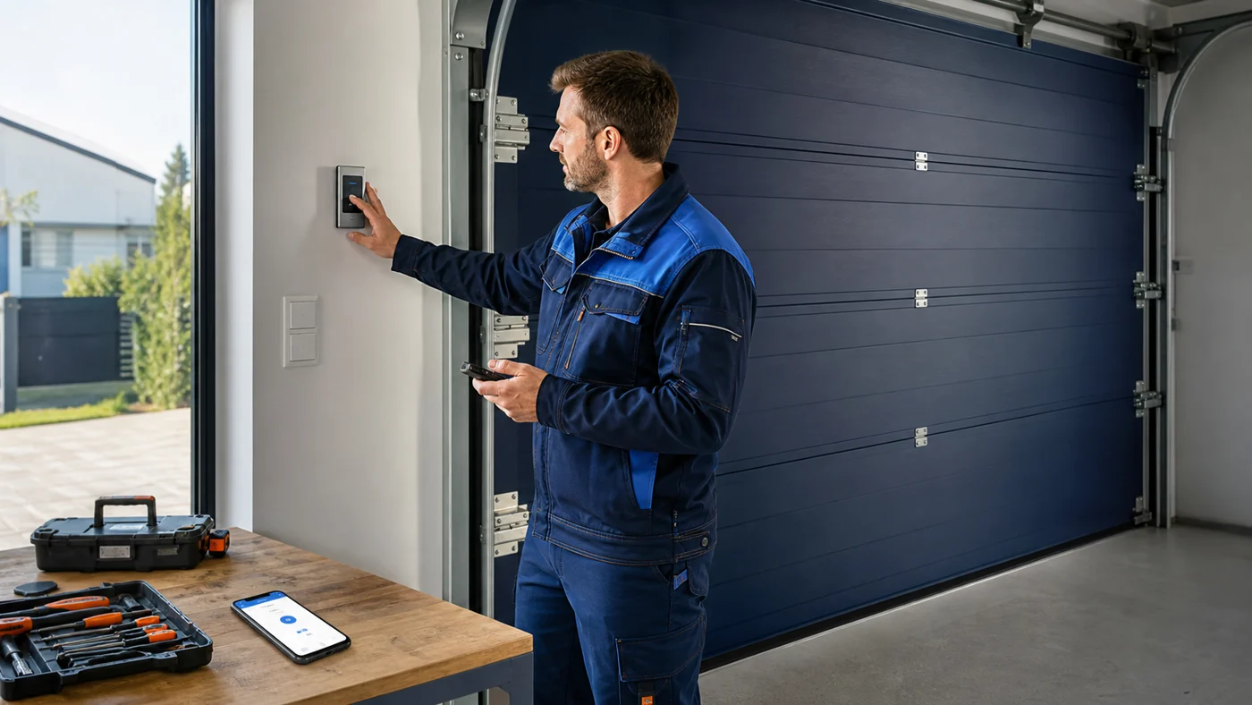 Servicetechniker prueft in einer Garage in Wien Niederoesterreich einen Wandtaster, einen Handsender und ein Smartphone neben einem modernen Garagentorantrieb, realistische Servicefotografie ohne Logos