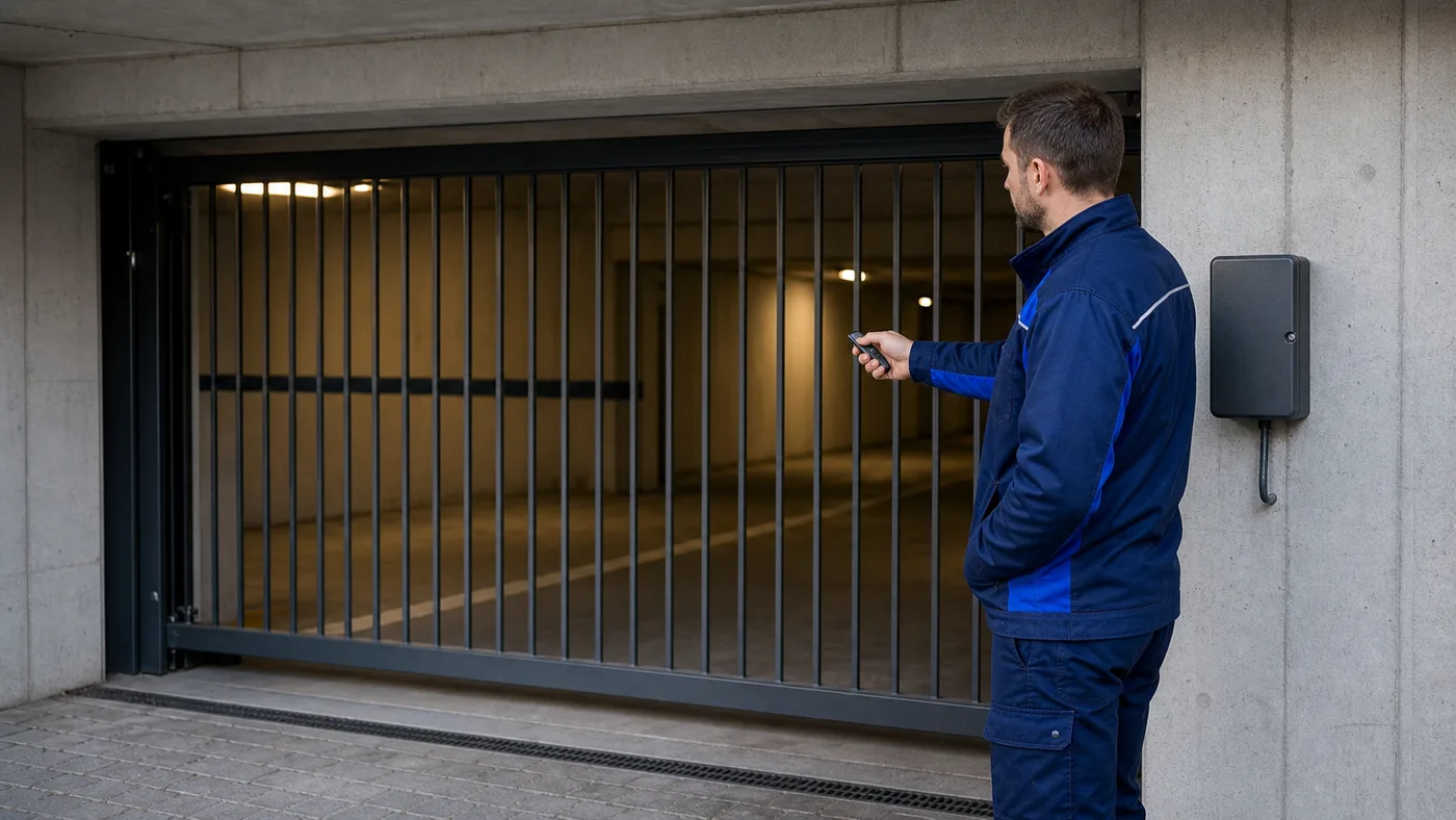 Servicetechniker testet in einer Tiefgarage in Wien Niederösterreich mit einem Handsender die Zufahrt vor einem geschlossenen Funkempfängergehäuse, realistische Servicefotografie ohne Logos