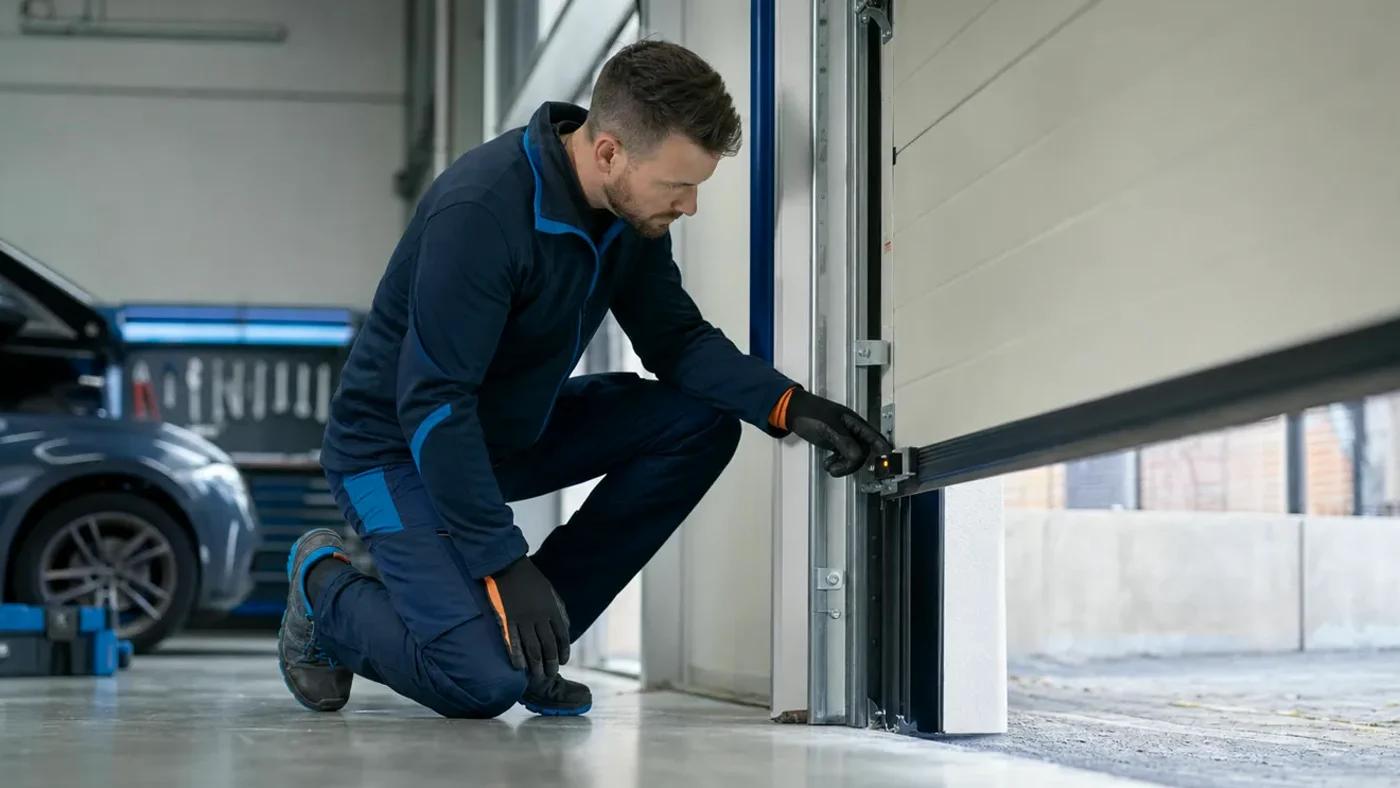 Servicetechniker prueft in einer Garage in Wien Niederoesterreich nach einem Stromausfall den Laufweg und die Endlage eines Garagentorantriebs, realistische Servicefotografie ohne Logos und ohne geoeffnete Netzspannung