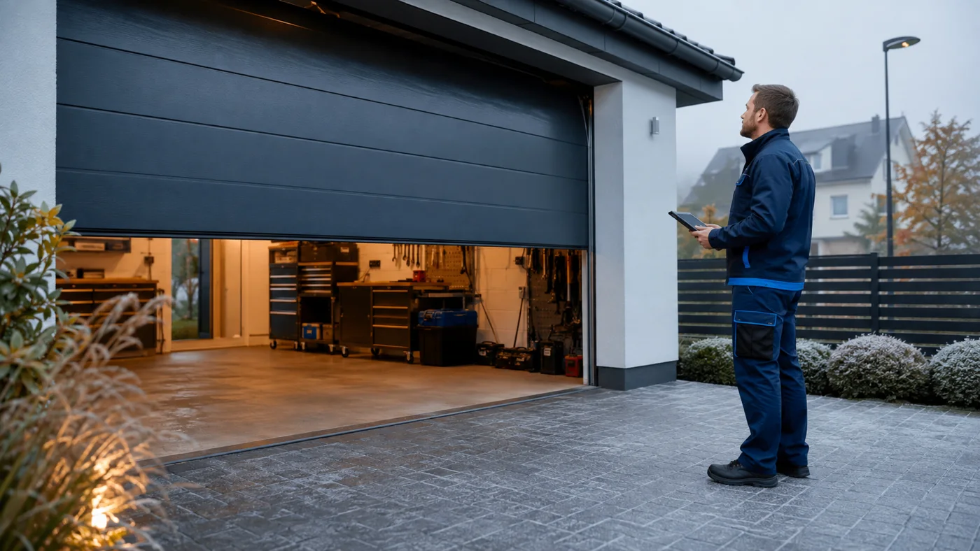 Servicetechniker beobachtet an einem kalten Morgen sicher den Lauf eines modernen Sektionaltores