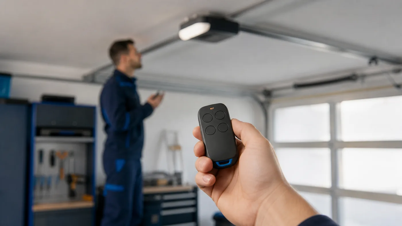 Person hält einen generischen Garagentor-Handsender in einer Garage in Wien, im Hintergrund Garagentor und Servicetechniker, realistische Fotografie ohne Logos