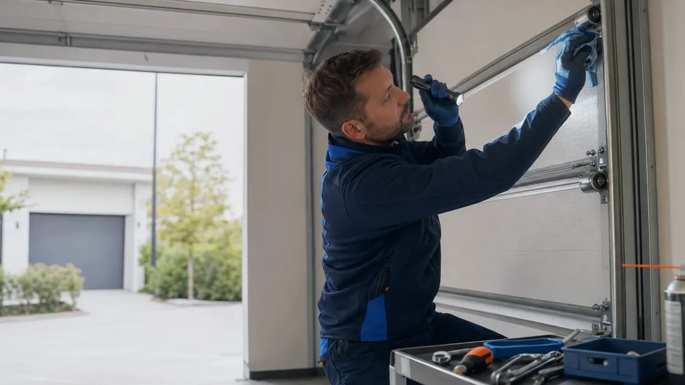 Servicetechniker prueft in einer Garage in Wien Niederoesterreich die Fuehrungsschiene und Deckenbefestigung eines Sektionaltores, realistische Servicefotografie ohne Logos und ohne unsichere Handgriffe