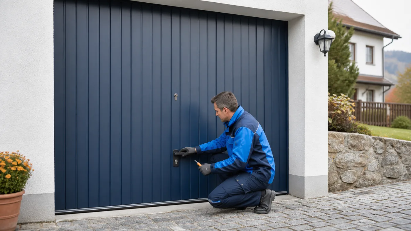 Techniker prüft den Griffbereich eines geschlossenen Garagentors in Niederösterreich