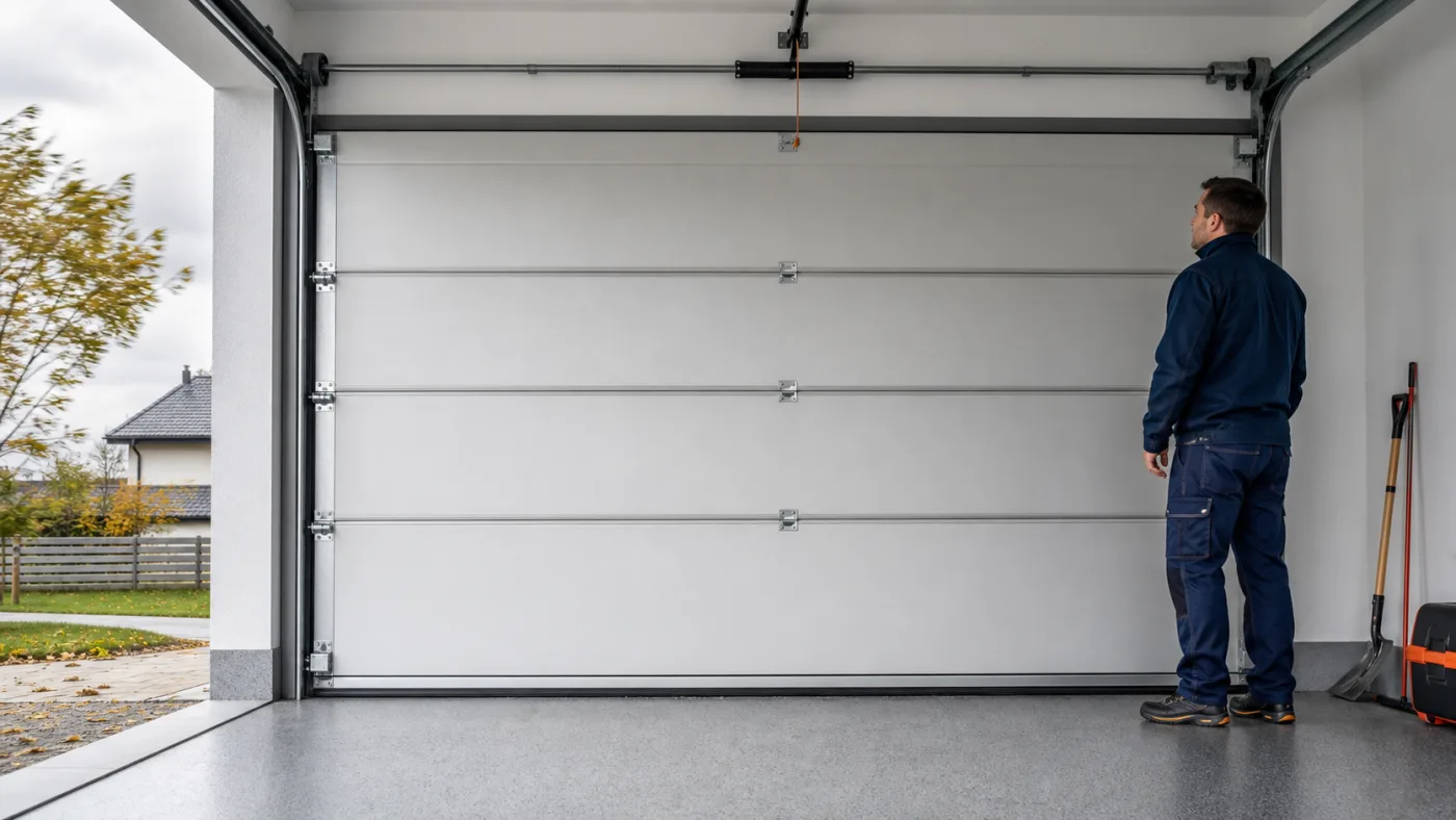 Servicetechniker beobachtet in einer Garage ein geschlossenes Sektionaltor bei windigem Wetter