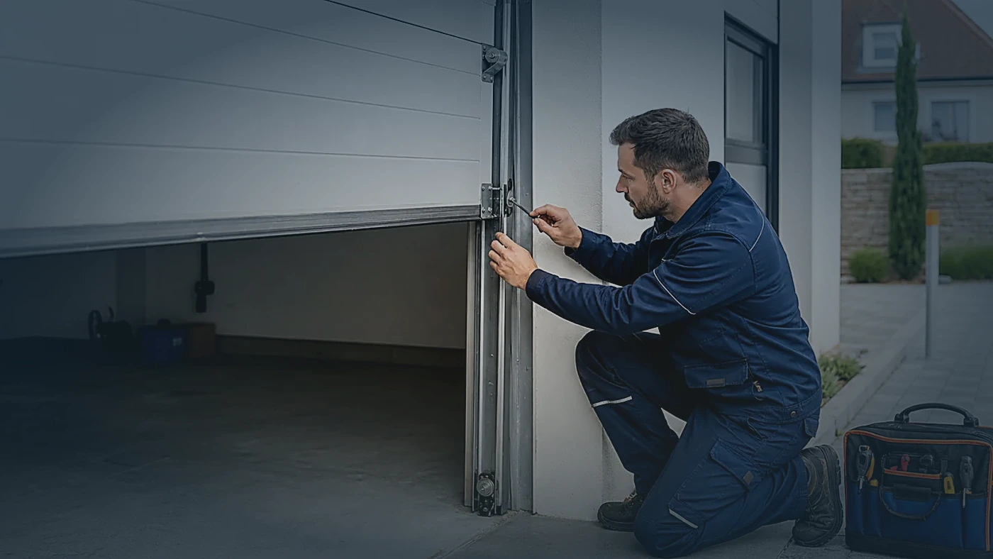Servicetechniker prüft in einer Garage in Wien Niederösterreich Führung, Rollen und Torlauf an einem Garagentor mit hartem Schlaggeräusch, realistische Technikfotografie ohne Logos