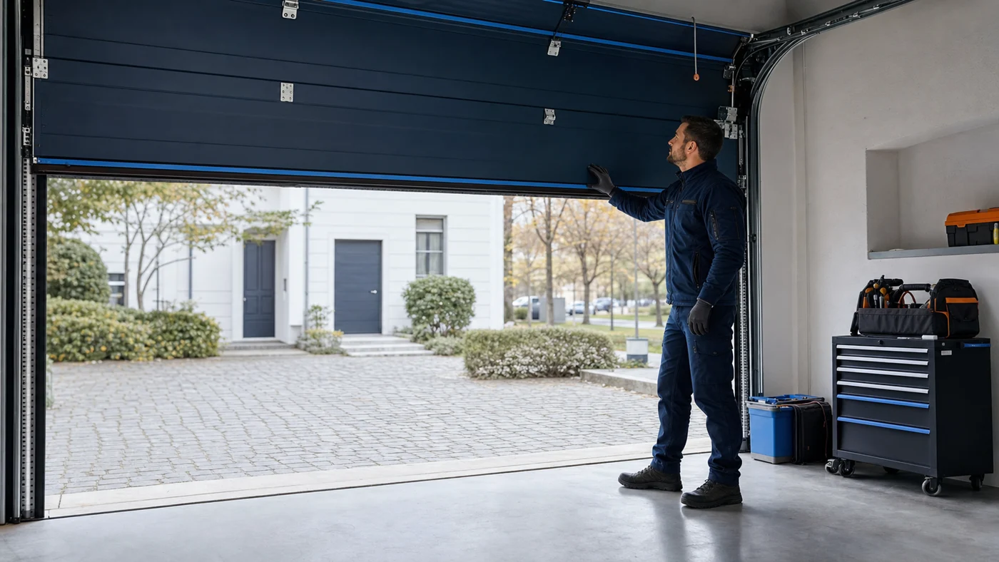 Servicetechniker prueft in einer Garage in Wien Niederoesterreich ein entriegeltes Sektionaltor vorsichtig von Hand, realistische Servicefotografie ohne Logos, ohne unsichere Federszene