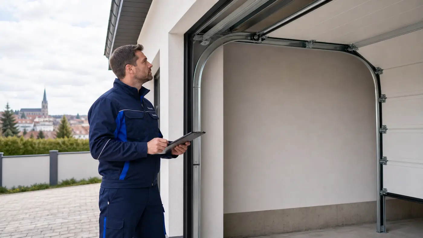 Servicetechniker beobachtet in Wien Niederoesterreich die obere Kurvenfuehrung eines Sektionaltores ohne Logos und ohne unsichere Arbeiten