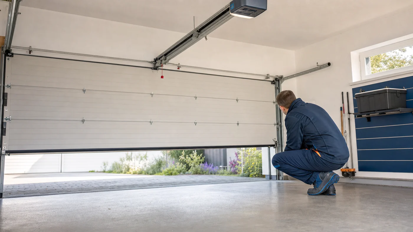 Servicetechniker beobachtet in einer Garage in Wien Niederoesterreich ein Sektionaltor, das nur wenige Zentimeter oeffnet, realistische Servicefotografie ohne Logos und ohne unsichere Darstellung von Federn