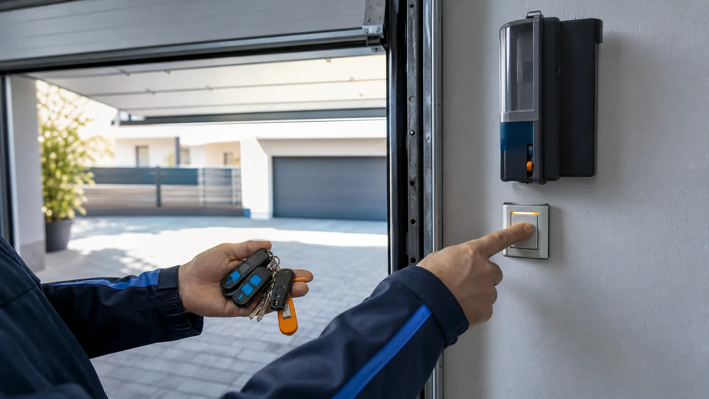 Servicetechniker prüft Handsender und Wandtaster eines Garagentors in einer Garage in Wien/Niederösterreich, realistische Technikfotografie ohne Logos