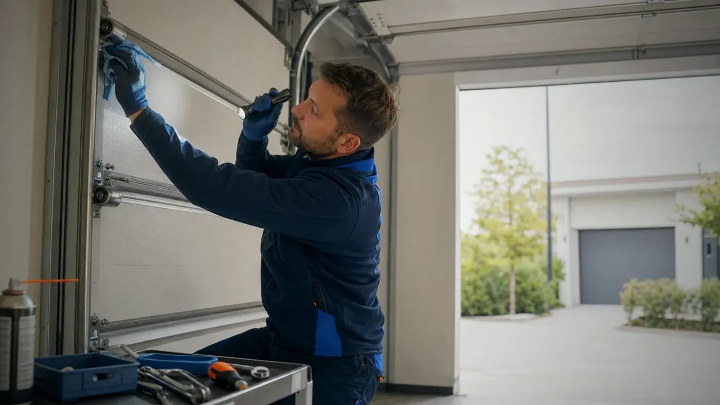 Servicetechniker prüft in einer Garage in Wien Niederösterreich Rollen, Scharniere und Führung an einem modernen Garagentor mit Quietschgeräusch, realistische Technikfotografie ohne Logos