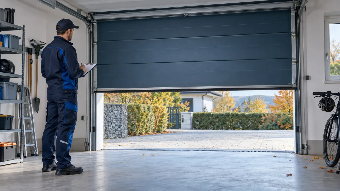 Servicetechniker beobachtet ein teilweise geöffnetes blaues Sektionaltor aus sicherer Entfernung