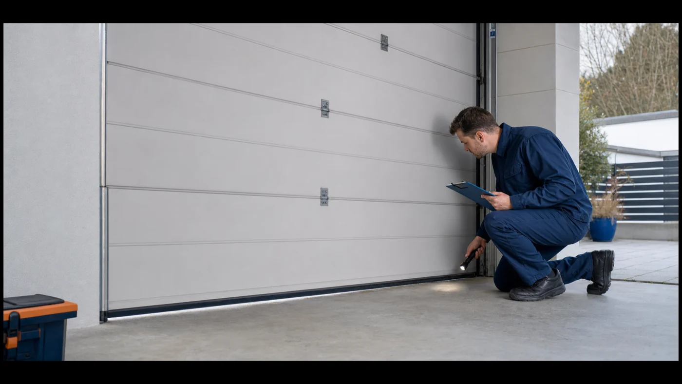 Servicetechniker prueft in einer Garage in Wien Niederoesterreich den unteren Abschluss eines Sektionaltores, das auf einer Seite frueher auf dem Boden aufsetzt, realistische Servicefotografie ohne Logos