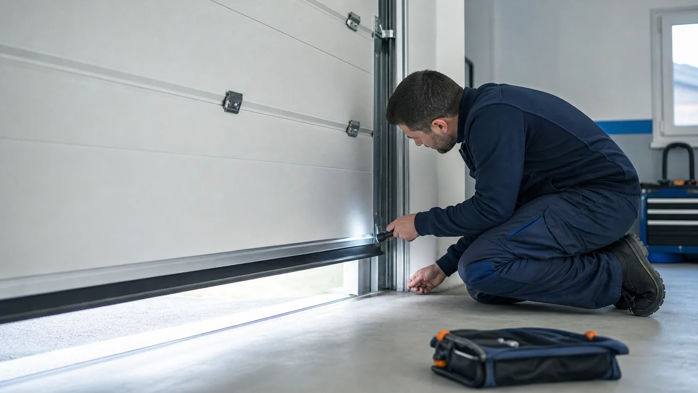 Ein Servicetechniker beobachtet in einer Garage in Wien Niederoesterreich ein Sektionaltor, das auf den letzten Zentimetern unruhig und ruckweise schliesst, realistische Servicefotografie ohne Logos