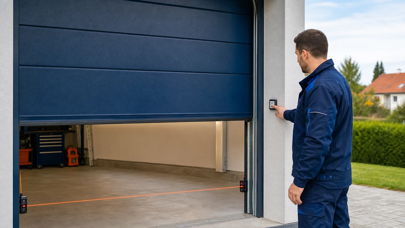 Servicetechniker haelt an einem modernen Garagentor in Wien Niederoesterreich einen Wandtaster gedrueckt waehrend das Tor langsam schliesst, sichtbare Sicherheitslichtschranken nahe dem Boden, realistische Servicefotografie ohne Logos