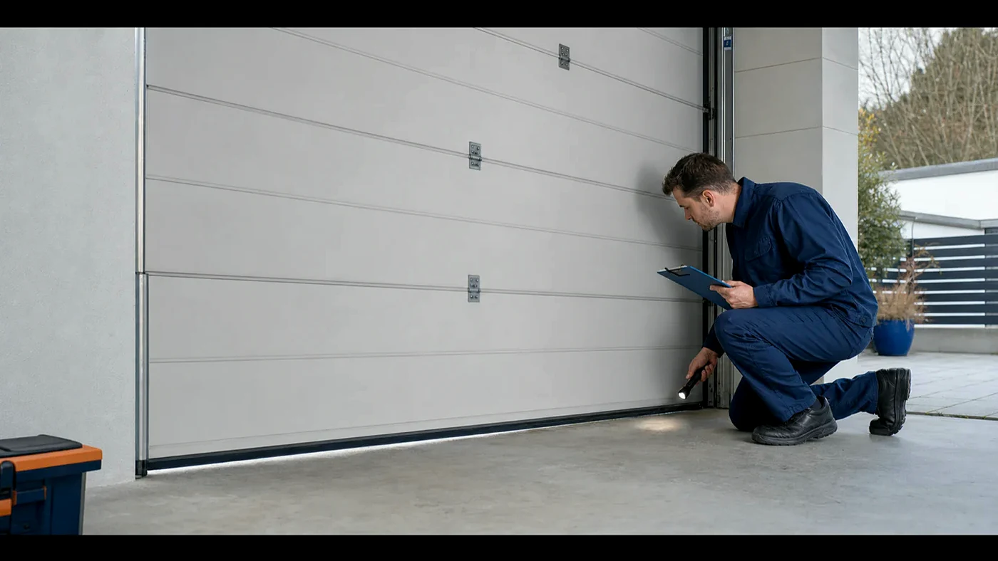 Servicetechniker beobachtet in einer Garage in Wien Niederoesterreich ein Sektionaltor, das in der unteren Position ruckartig anfaehrt, realistische Servicefotografie ohne Logos und ohne unsichere Federszene