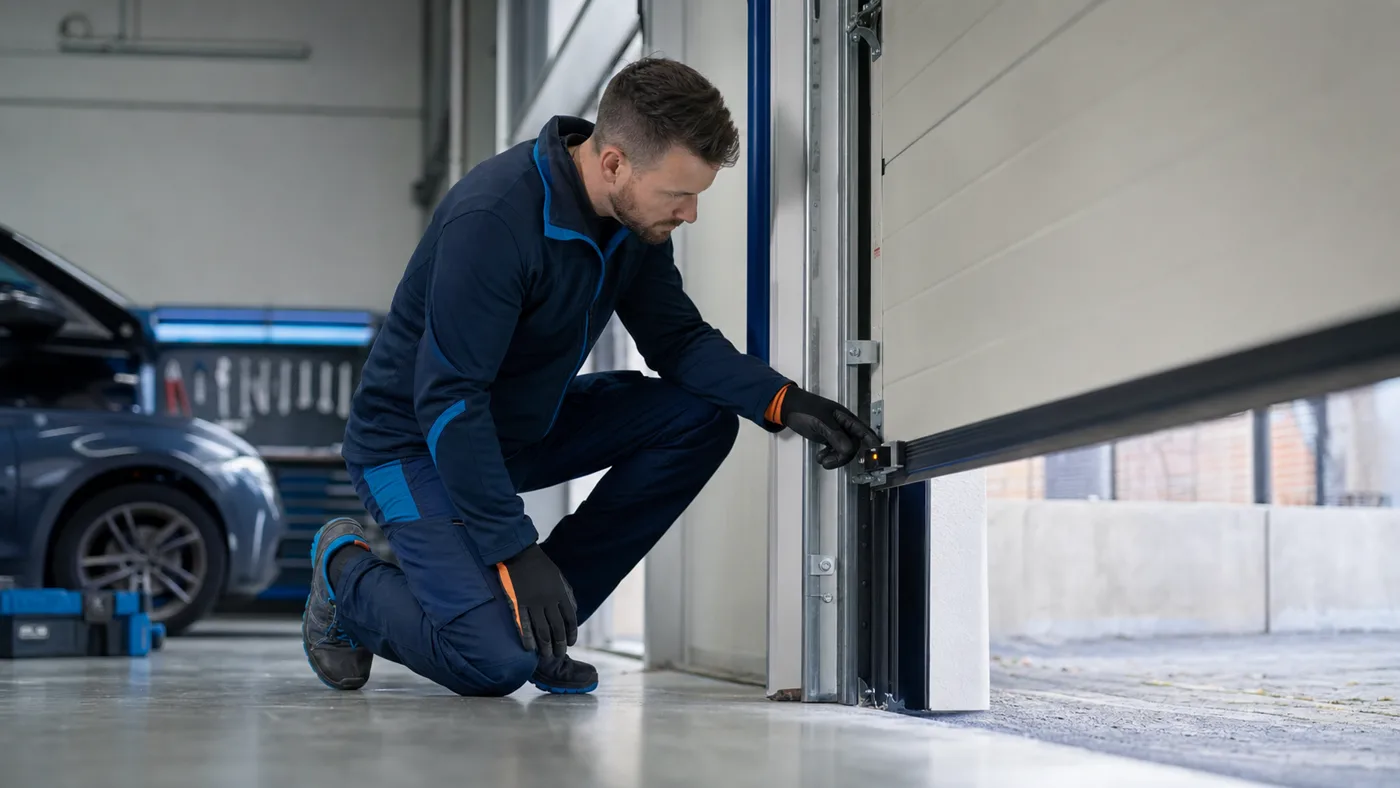 Servicetechniker prüft eine Lichtschranke an einem Garagentor in einer Garage in Wien, realistische Technikfotografie ohne Logos
