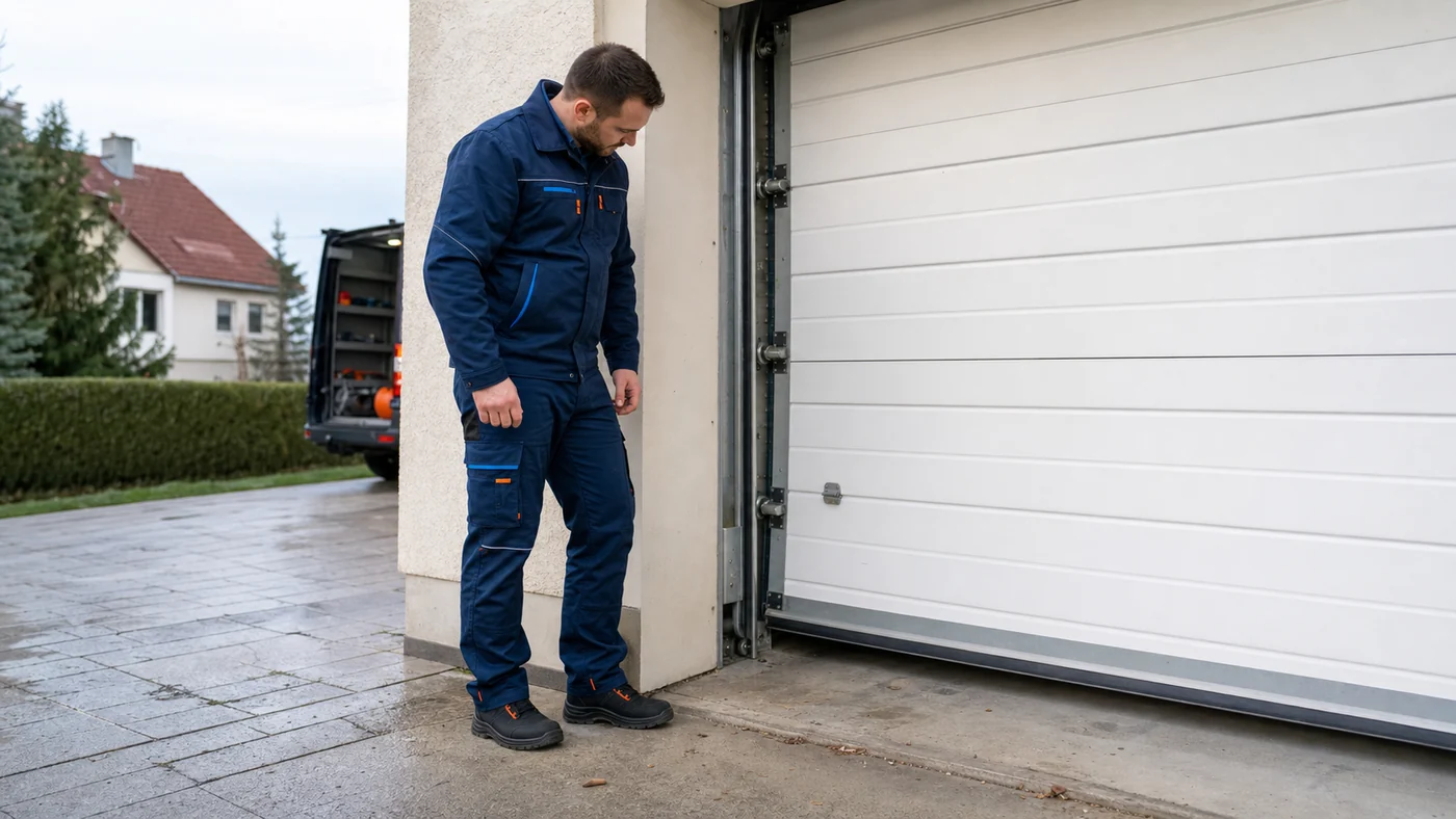 Servicetechniker beobachtet an einem Garagentor in Wien Niederoesterreich die untere Fuehrung und seitliches Streifen an der Schiene, realistische Servicefotografie ohne Logos