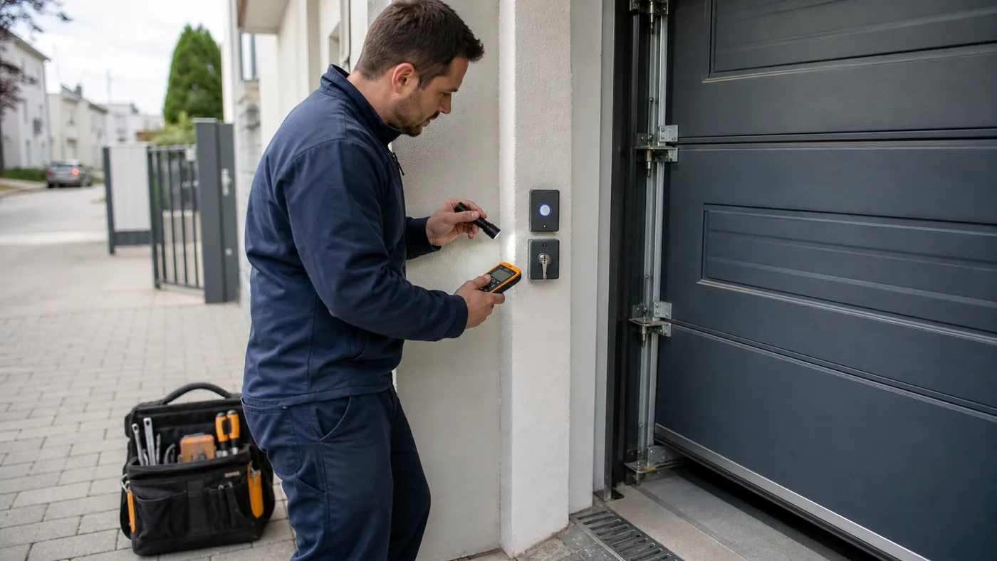 Servicetechniker inspiziert einen Wandtaster und Schlüsselschalter neben einem Garagentor in einer Wiener Garage, realistische Technikfotografie ohne Logos