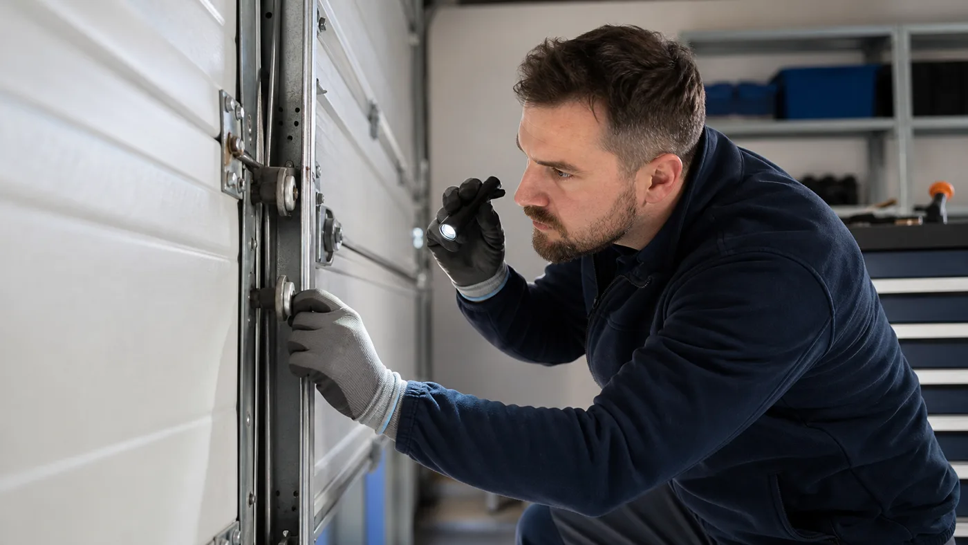 Servicetechniker führt Wartungscheck an einem Garagentor durch und inspiziert Führungsschiene und Laufrollen in einer Garage in Wien, realistische Technikfotografie ohne Logos