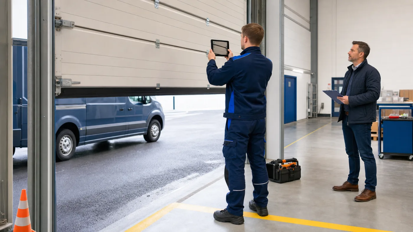 Servicetechniker dokumentiert ein teilweise offenes Hallentor mit Betreiber in Wien Niederoesterreich ohne Logos