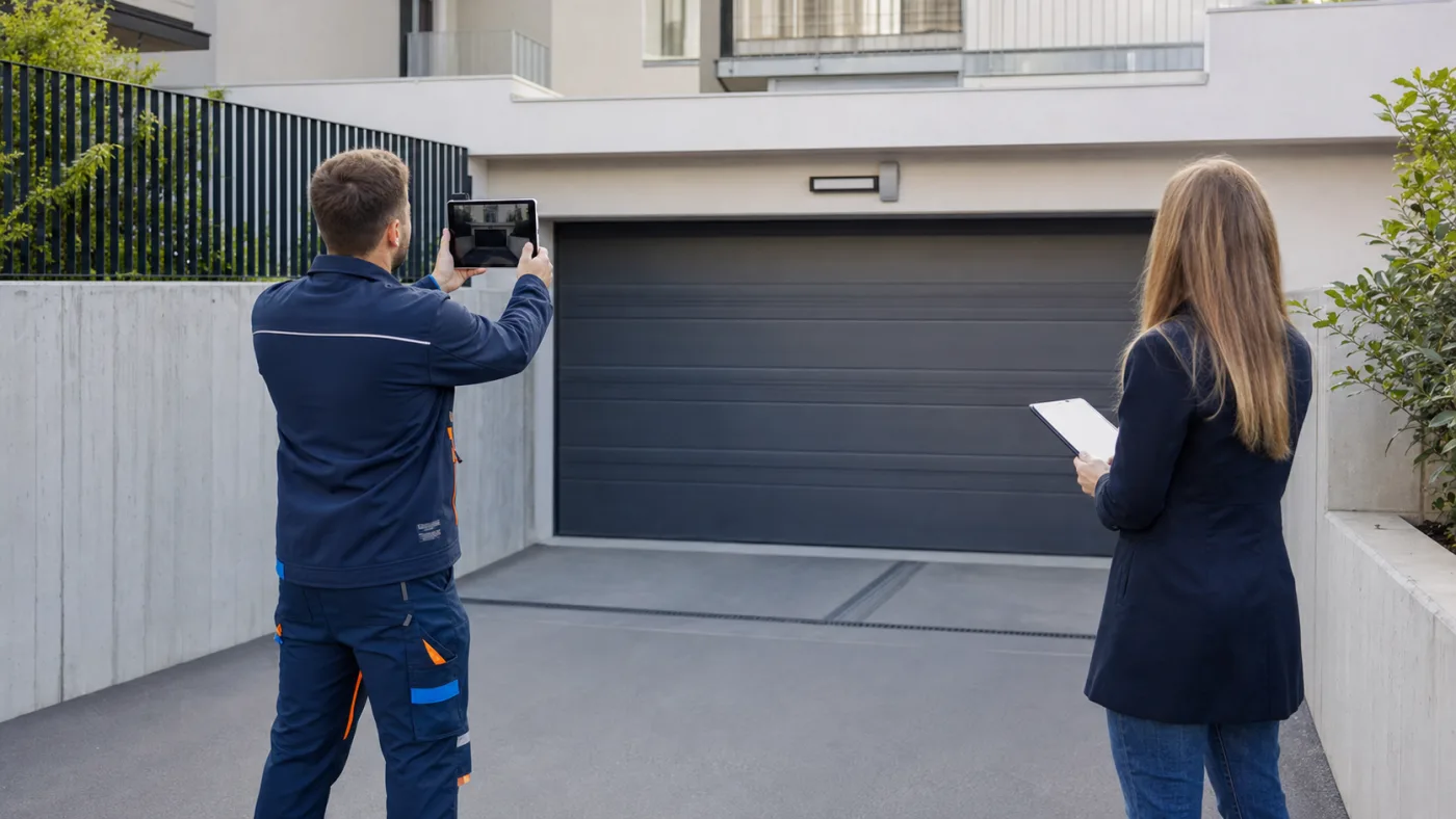Hausverwaltung und Servicetechniker dokumentieren eine Sammelgaragen-Toranlage in Wien Niederoesterreich ohne Logos