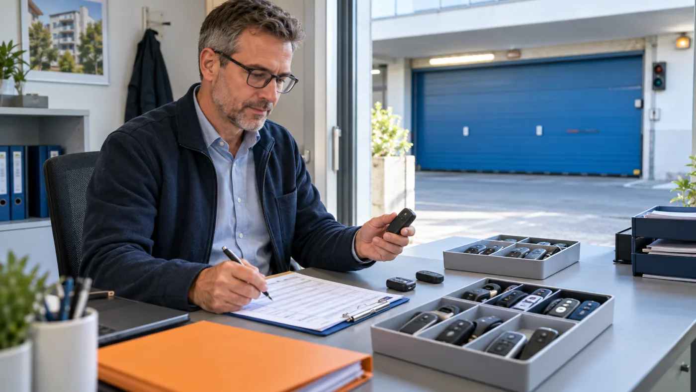 Hausverwalter dokumentiert mehrere unbeschriftete Garagentor-Handsender vor einer Sammelgarage
