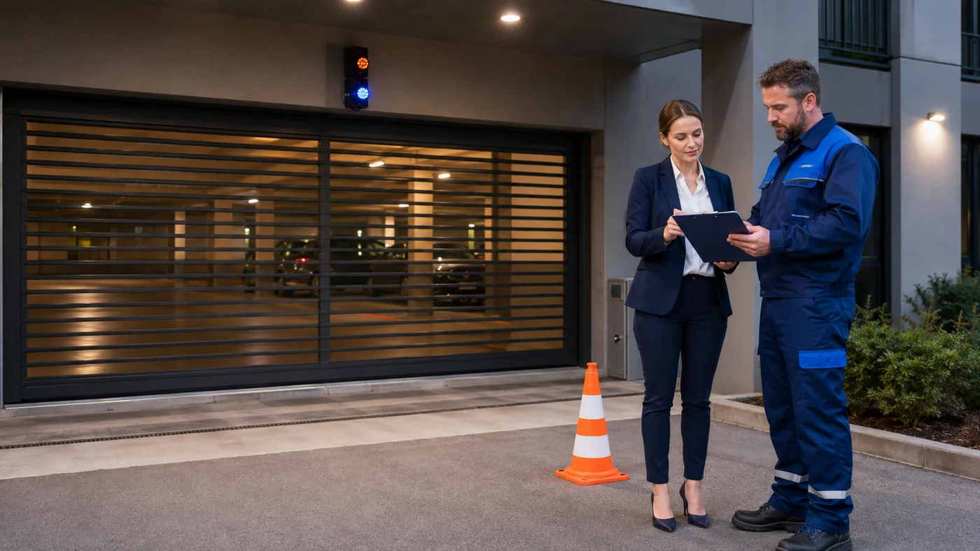 Hausverwaltung und Servicetechniker besprechen sicher neben einem geschlossenen Sammelgaragentor einen Eskalationsplan