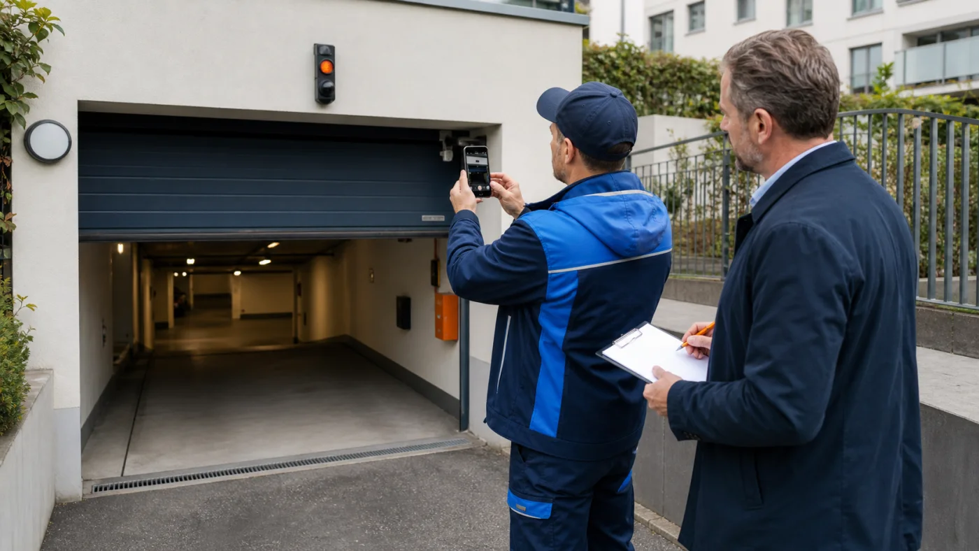 Hausverwalter und Techniker dokumentieren eine Sammelgaragen-Störung in Wien mit Smartphone und Klemmbrett