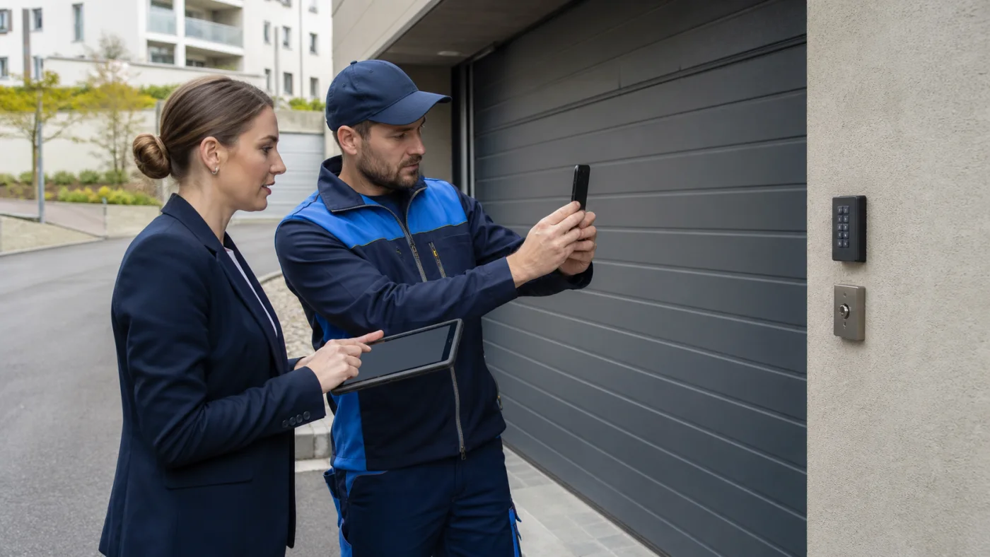 Hausverwalterin und Servicetechniker dokumentieren außen Schlüsselschalter und Codetaster einer geschlossenen Sammelgarage in Wien und Niederösterreich