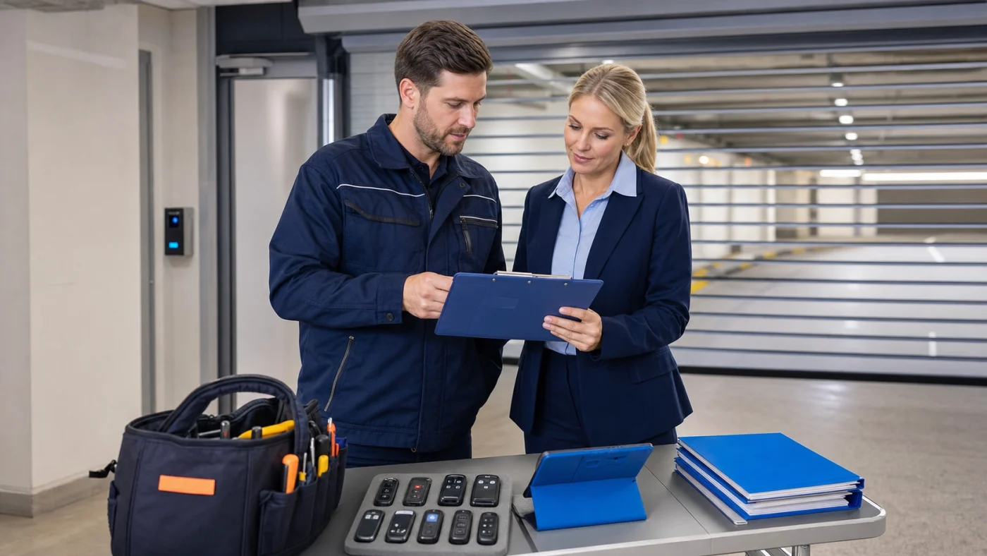 Hausverwalterin und Servicetechniker pruefen Handsender und Unterlagen in einer Tiefgarage in Wien Niederoesterreich ohne Logos