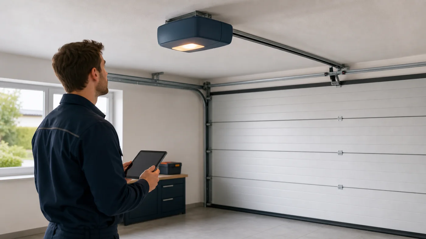 Techniker beobachtet in einer Garage einen beleuchteten Deckenantrieb bei geschlossenem Garagentor in Wien und Niederösterreich