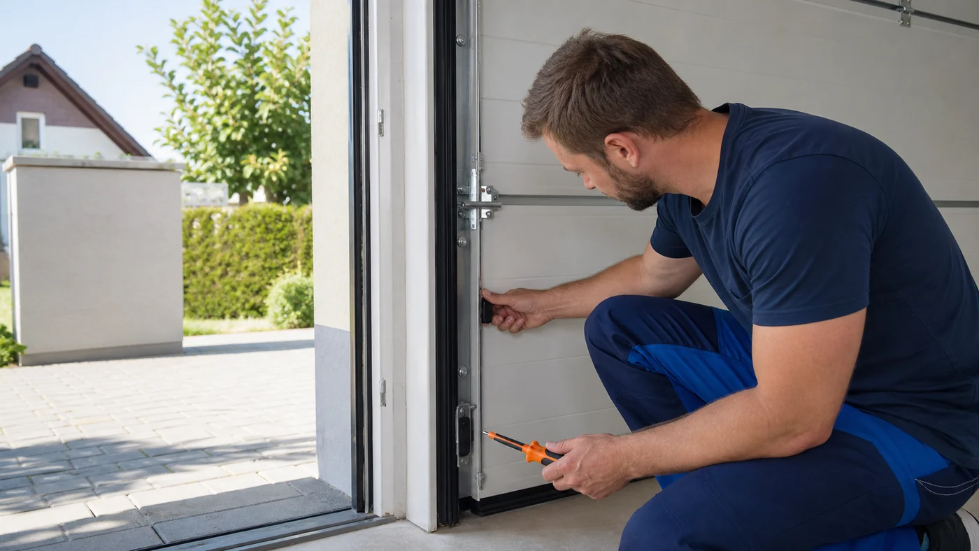 Servicetechniker prueft an einem modernen Sektionaltor mit integrierter Schlupftuer den Kontakt- und Schlossbereich in einem Wohnobjekt in Wien Niederoesterreich, realistische Servicefotografie ohne Logos