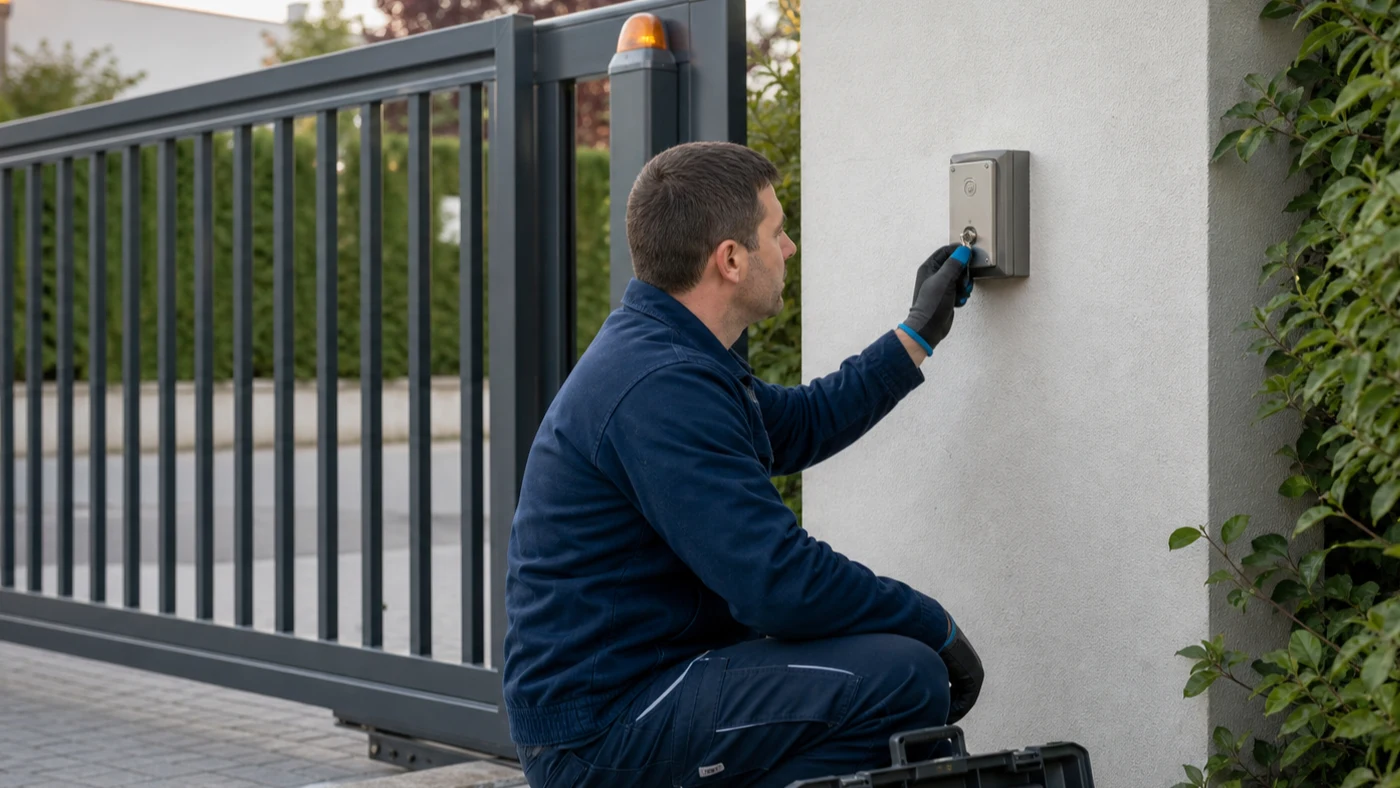 Servicetechniker prueft an einer Hoftor Zufahrt in Wien Niederoesterreich einen Schluesselschalter neben einem modernen Schiebetor, realistische Servicefotografie ohne Logos