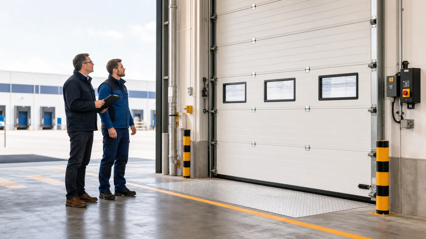 Facility Manager und Techniker betrachten ein geschlossenes Industrietor in einer Halle