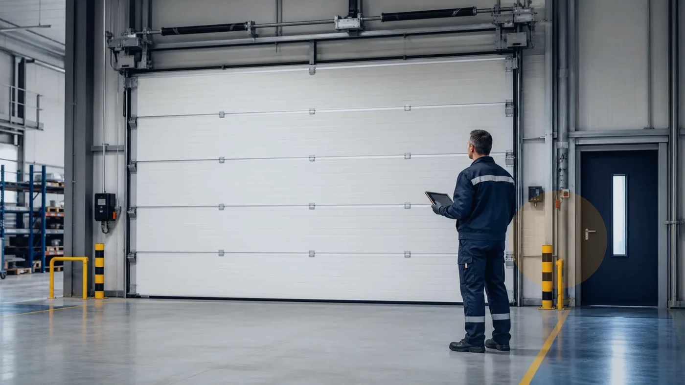 Servicetechniker steht in einer Industriehalle vor einem Hallentor und dokumentiert eine Störung auf einem Tablet, realistische Servicefotografie ohne Logos