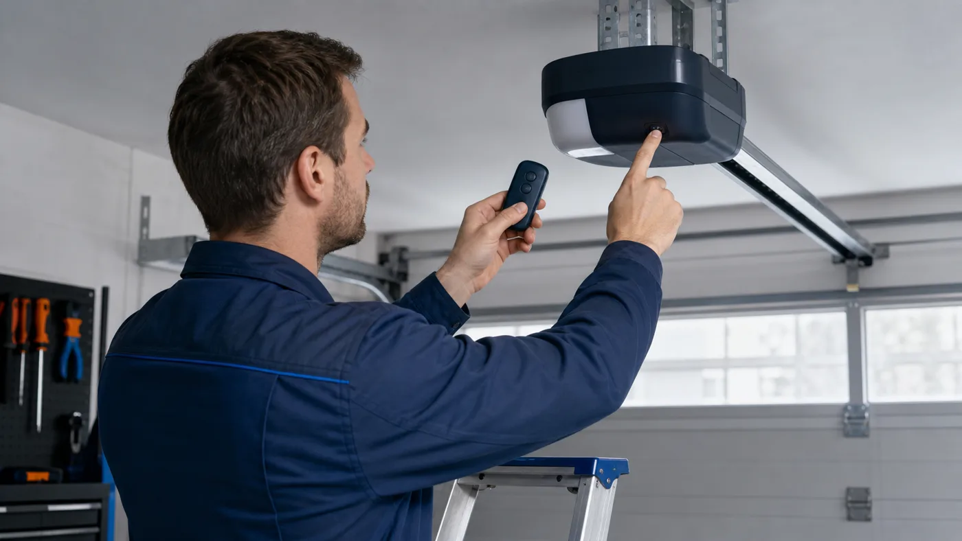 Servicetechniker hält einen universellen Handsender vor einen Garagentorantrieb und zeigt auf die Learn/Program-Taste am Antrieb in einer Garage in Wien, realistische Technikfotografie ohne Logos