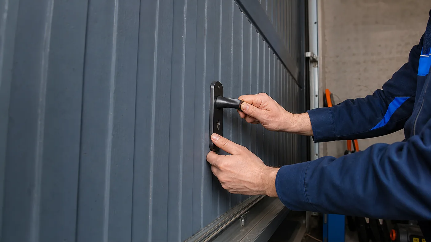 Servicetechniker hält einen Marantec-ähnlichen Garagentor-Handsender vor die Antriebseinheit und prüft die Programmieranzeige, realistische Technikfotografie in Wien/Niederösterreich ohne Logos