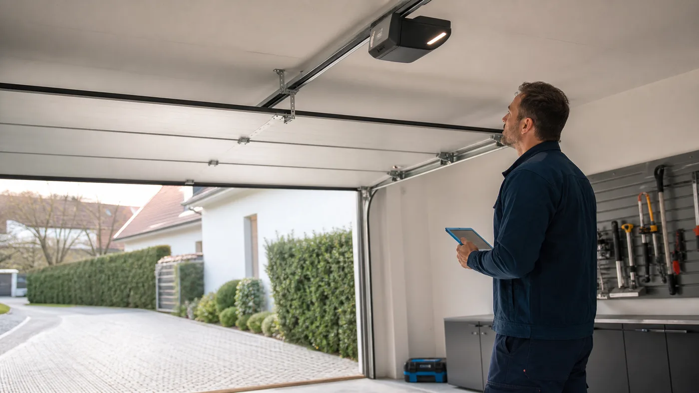 Servicetechniker beobachtet einen Garagentorantrieb an der Decke nach Referenzfahrt in Wien Niederoesterreich ohne offene Elektrik