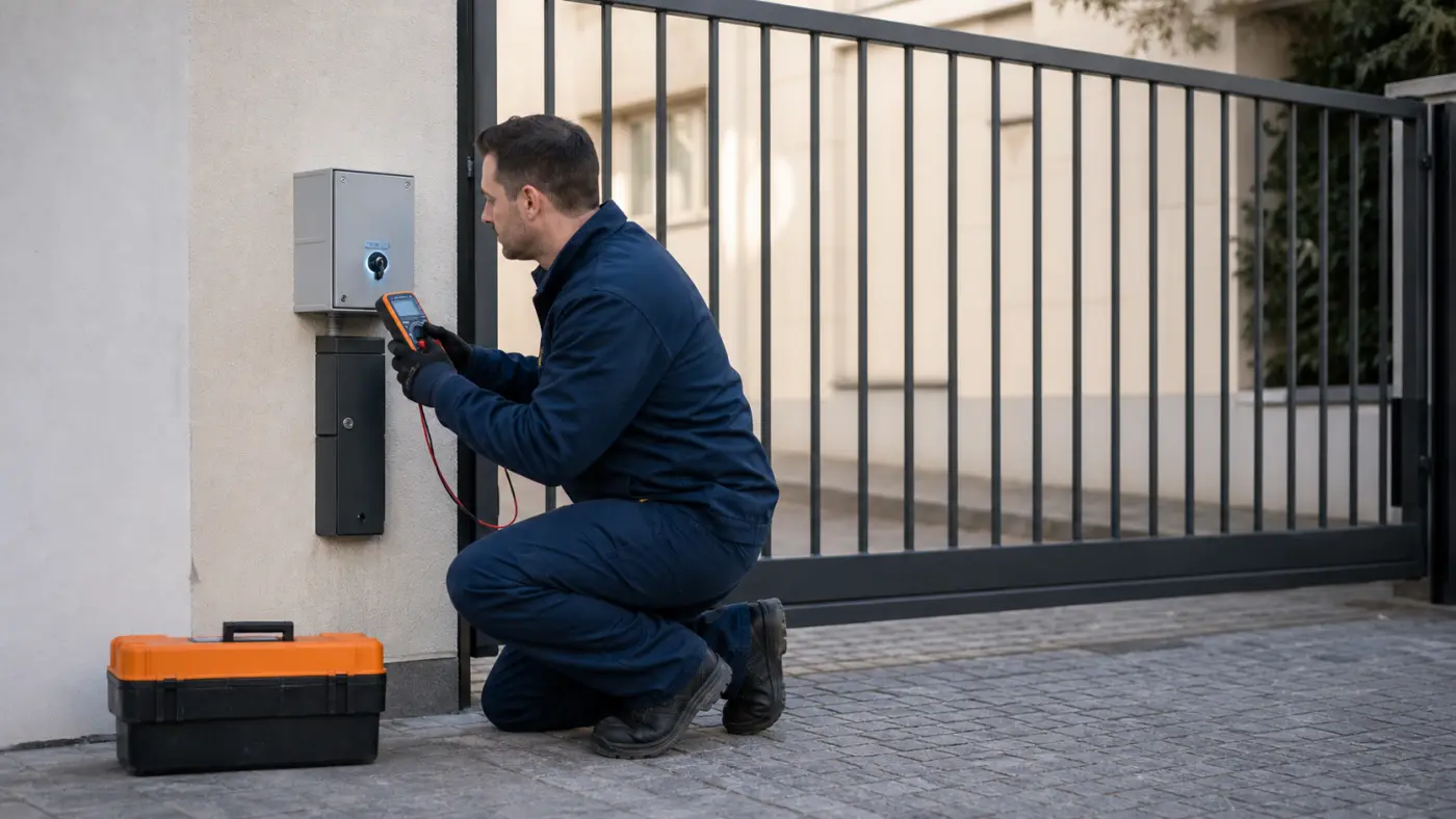 Servicetechniker prueft einen geschlossenen Schluesselschalter an einer Hofzufahrt in Wien Niederoesterreich ohne Logos und ohne offene Elektrik