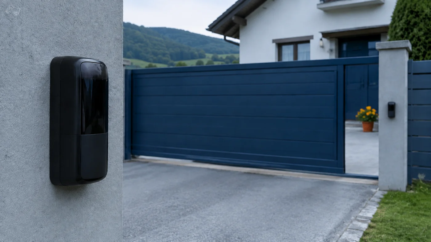 Gekapselte Lichtschranke an einem Torpfosten vor einer geschlossenen blauen Zufahrt