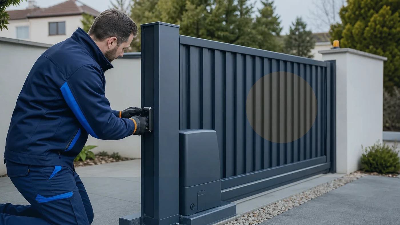 Servicetechniker prueft an einer Wiener Hofeinfahrt mit Schiebetor die verzoegerte Reaktion nach Funkimpuls, realistische Technikfotografie ohne Logos und ohne offene Elektrik