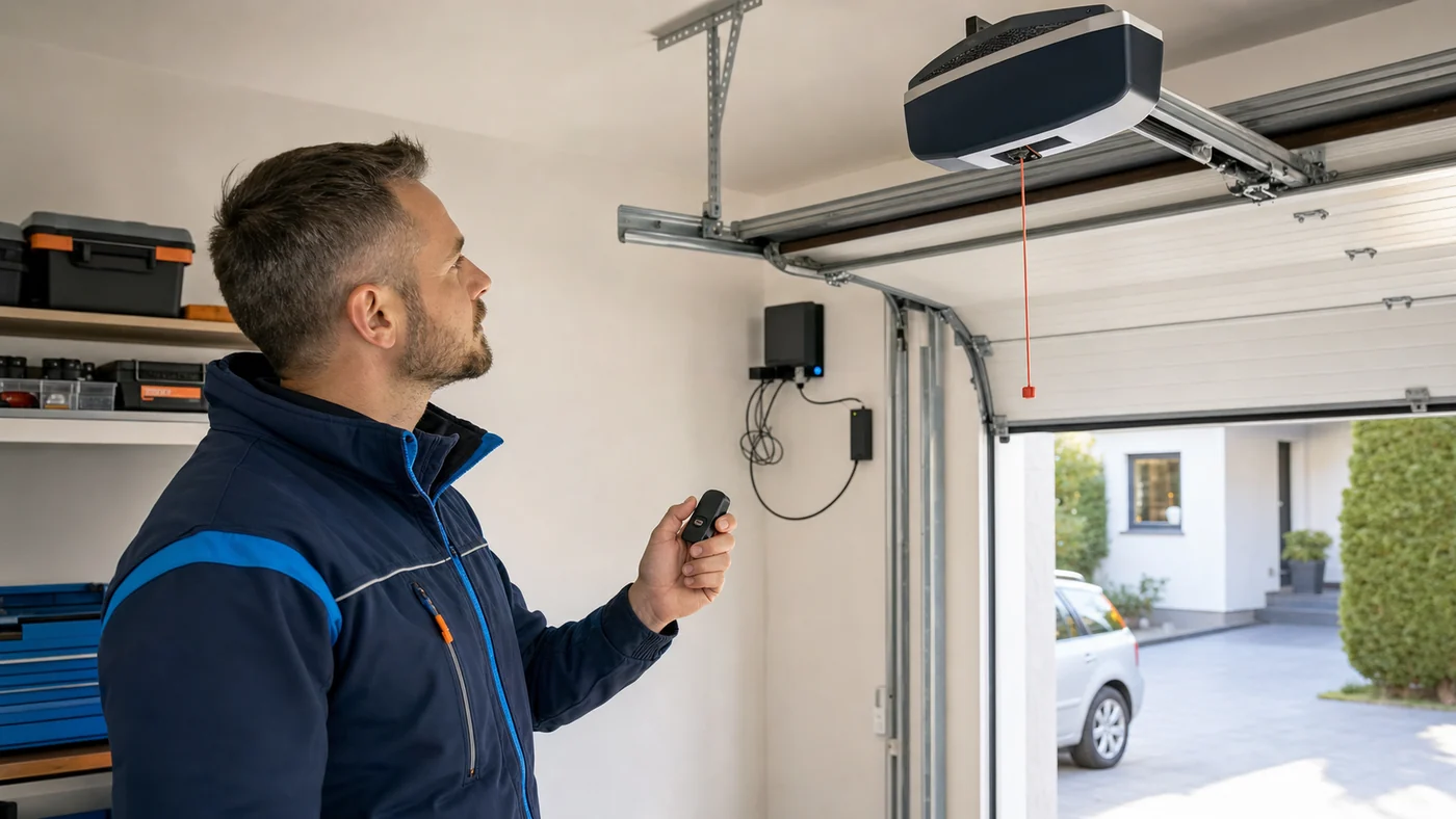 Servicetechniker prueft einen unbeschrifteten Handsender und einen Garagentorantrieb in Wien Niederoesterreich, realistische Diagnosefotografie ohne Logos
