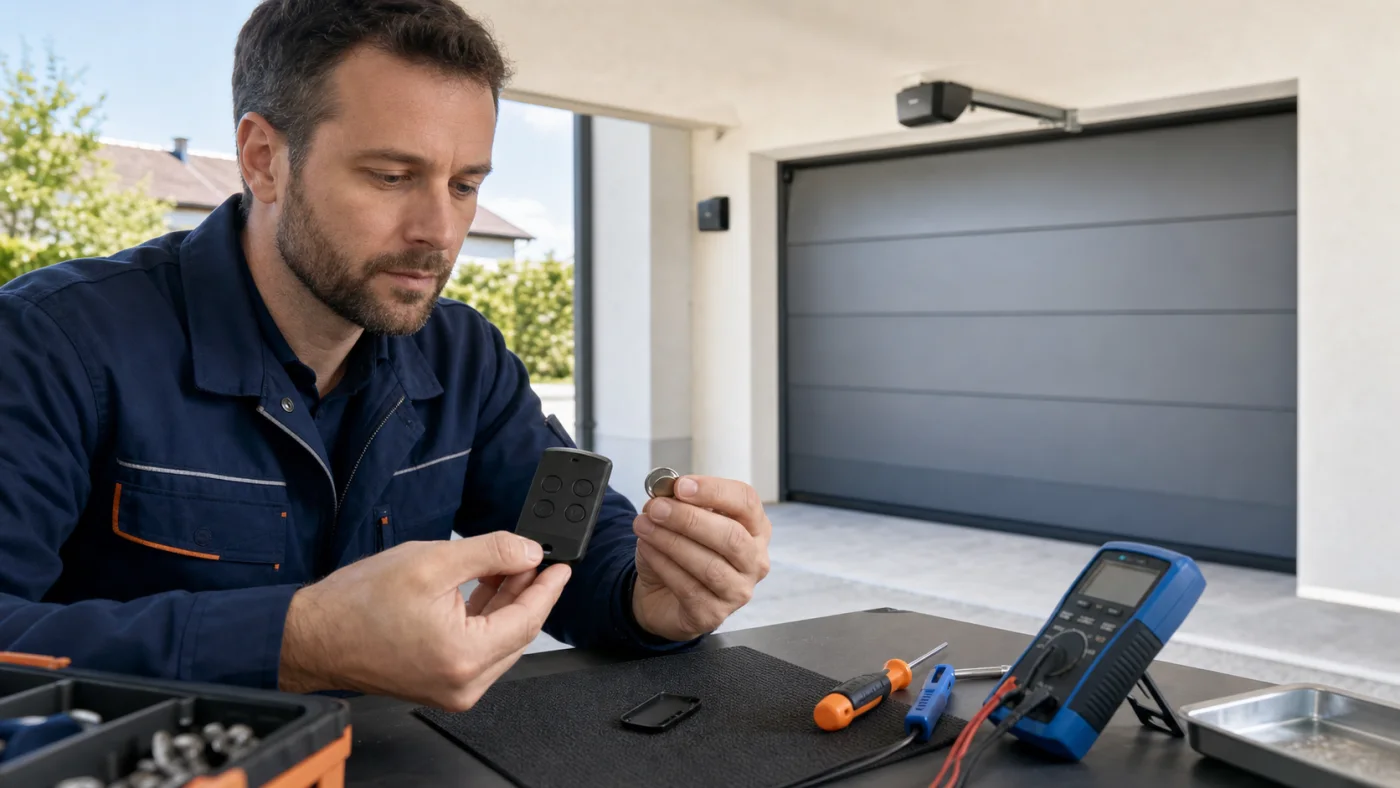Techniker prüft einen neutralen Garagentor-Handsender und eine Knopfzelle vor einer Garage in Wien und Niederösterreich