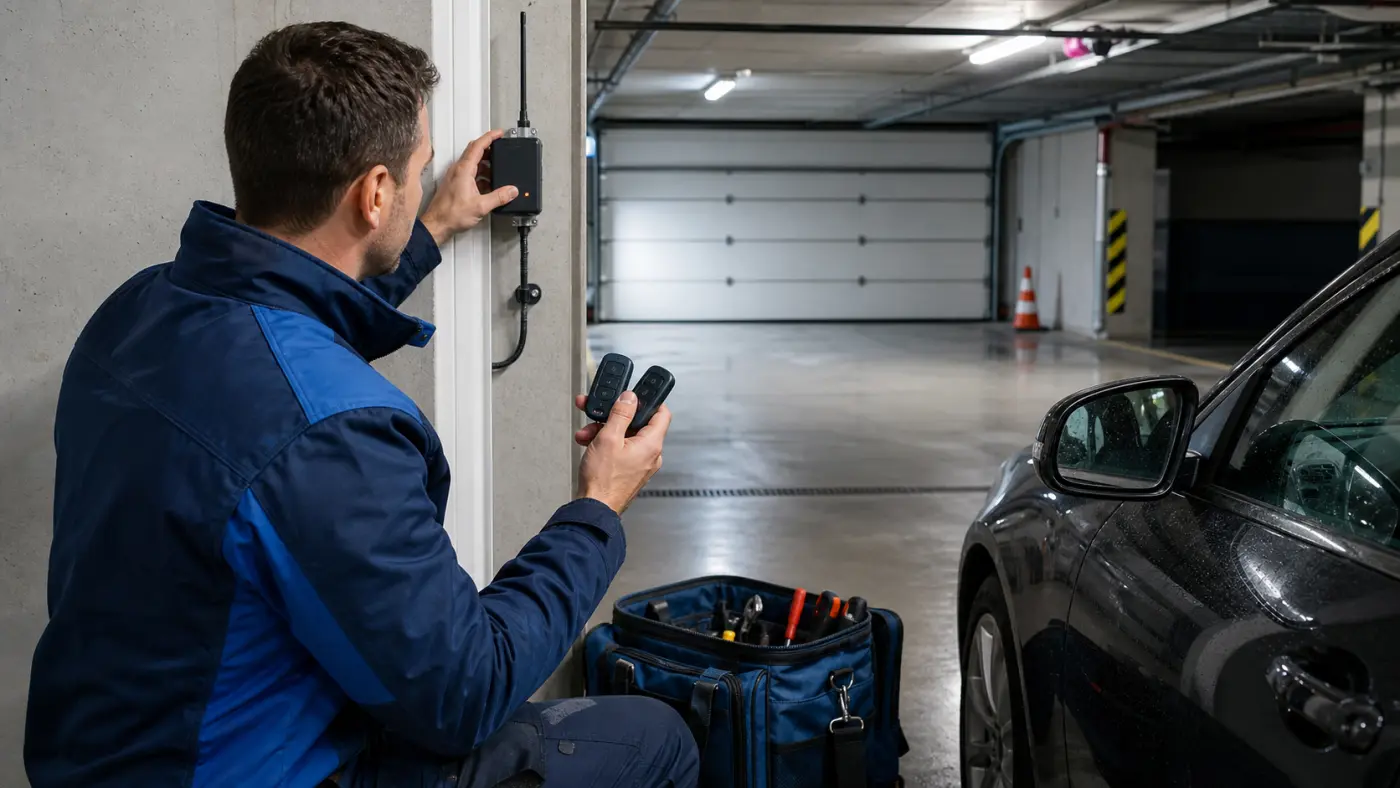 Servicetechniker prueft generische Handsender und Empfaenger in Tiefgarage in Wien Niederoesterreich ohne Logos