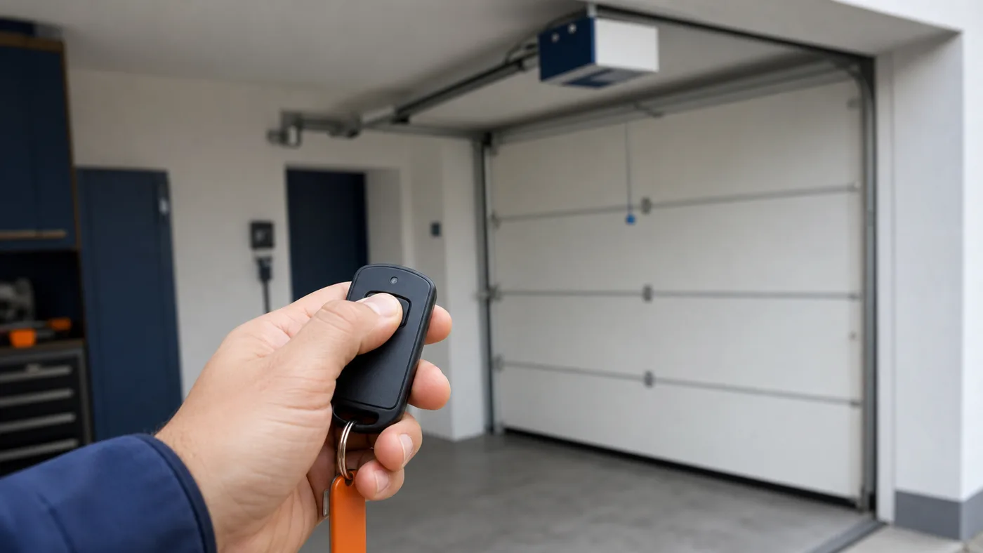 Hand hält einen Garagentor-Handsender in einer Einfahrt in Wien, im Hintergrund unscharf ein Garagentor und Antrieb, realistische Fotografie ohne Logos