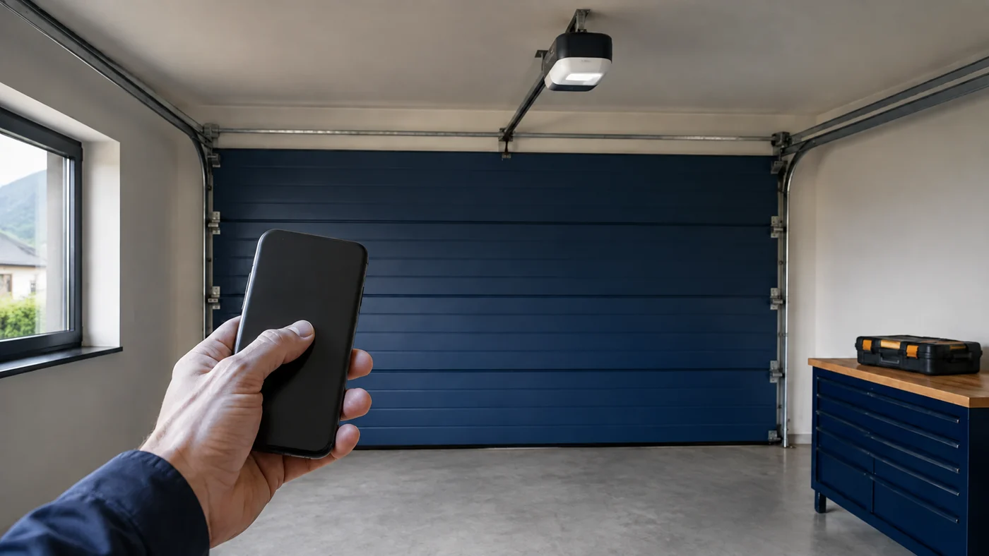 Hand mit Smartphone vor geschlossenem blauem Garagentor und gekapseltem Deckenantrieb